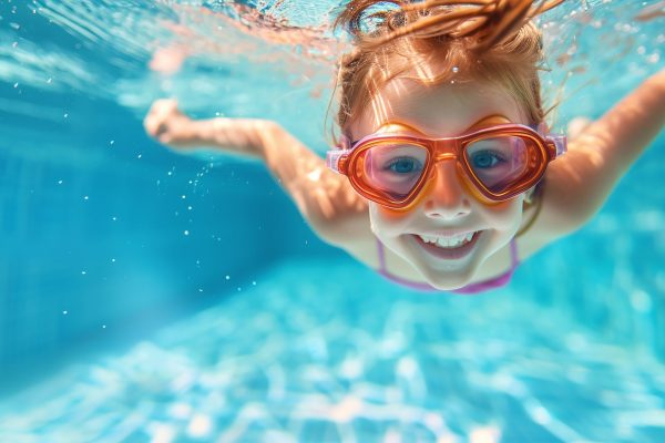 joyful girl kid learning to swim and dive underwater in pool. active lifestyle and swimming lessons for child on summer vacation